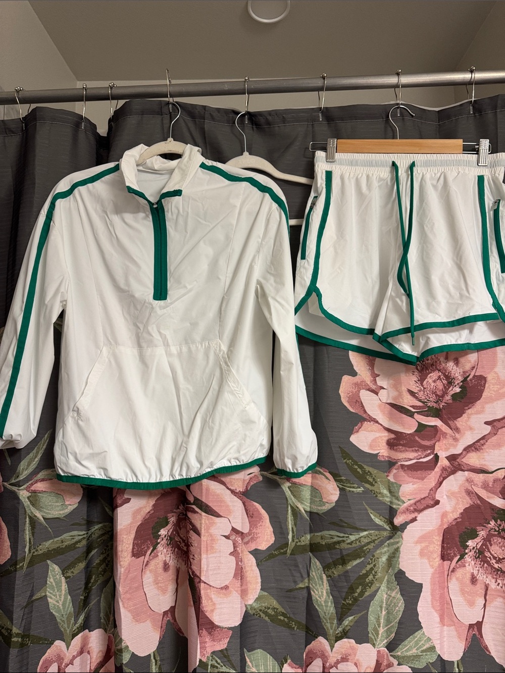 SHEIN White Athletic Windbreaker Top & White Shorts with Green Trim